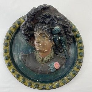 LARGE ANTIQUE TERRACOTTA‎ WALL SCULPTURE WOMAN MEDAILLON 1892 POTTERY